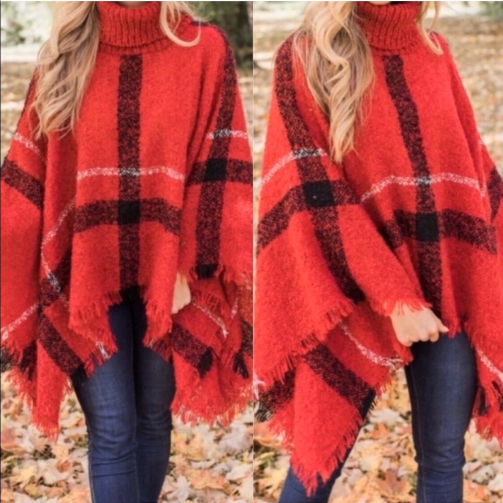Red Plaid Turtle Poncho Sweater